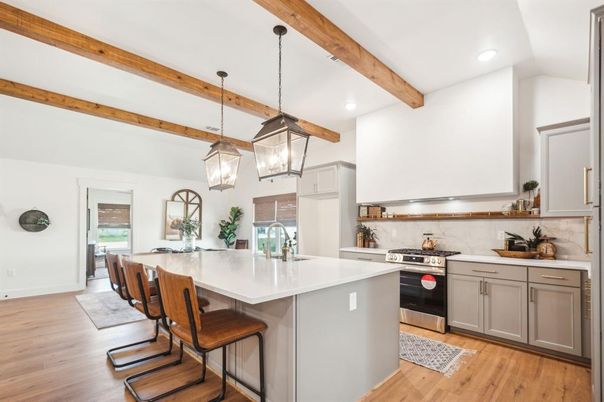 Interior, Kitchen, Pendant Lights, Recessed Lighting, Stainless Steel Appliances, Wooden Beams, Wood Texture Flooring