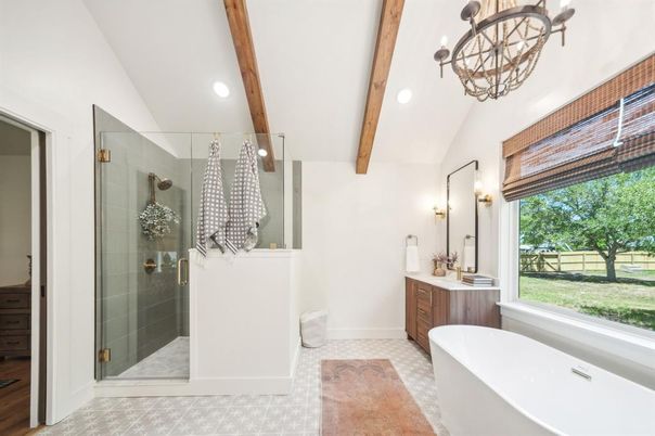 Bathroom, Chandelier, Free Standing Baths, Glass Shower, Interior, Recessed Lighting, Wooden Beams