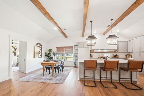 Dining room, Interior, Kitchen, Pendant Lights, Stainless Steel Appliances, Wooden Beams, Wood Texture Flooring