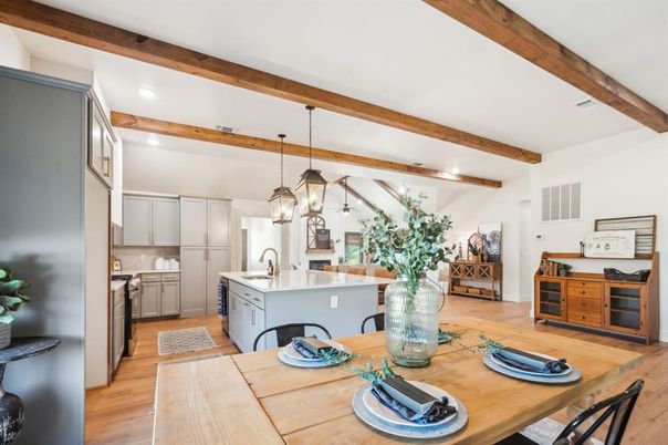 Interior, Kitchen, Pendant Lights, Recessed Lighting, Wooden Beams, Wood Texture Flooring