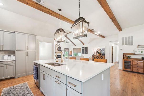 Interior, Kitchen, Pendant Lights, Recessed Lighting, Wooden Beams, Wood Texture Flooring