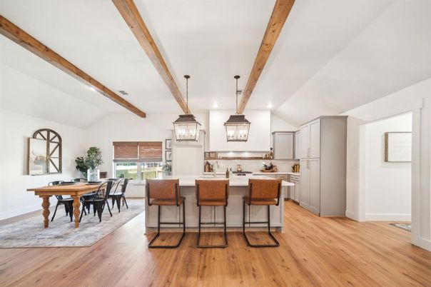 Dining room, Interior, Kitchen, Pendant Lights, Wooden Beams, Wood Texture Flooring