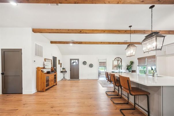 Interior, Pendant Lights, Recessed Lighting, Wooden Beams, Wood Texture Flooring