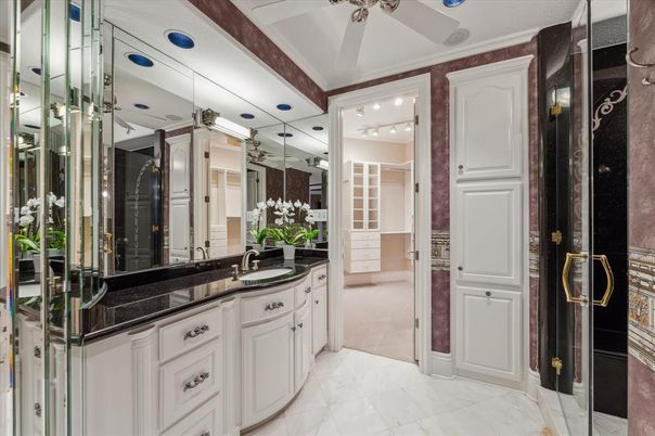 Bathroom, Dual Sink Vanities, Glass Shower, Interior, Marble, Recessed Lighting