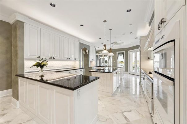 Interior, Kitchen, Marble, Pendant Lights, Recessed Lighting, Stainless Steel Appliances