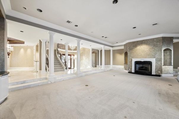 Empty room, Fireplace, Interior, Recessed Lighting, Stone Walls