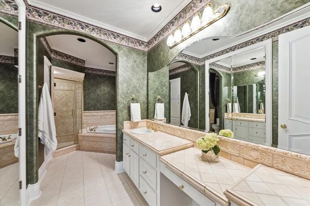 Bathroom, Dual Sink Vanities, Glass Shower, Interior, Recessed Lighting, Tile Countertops