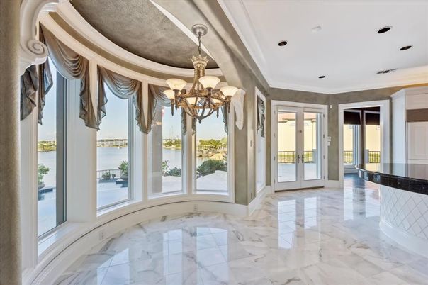 Chandelier, Empty room, Interior, Marble, Recessed Lighting