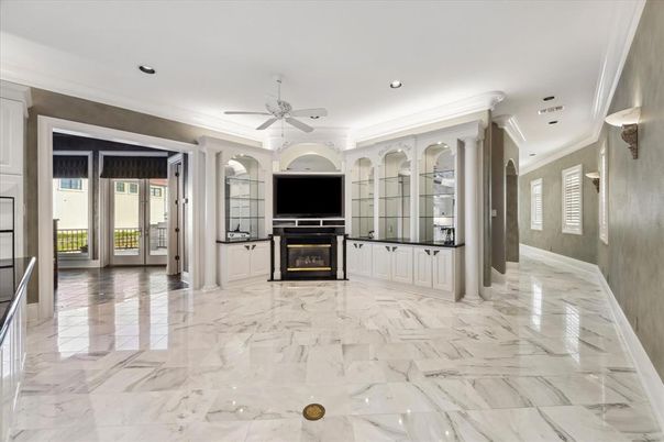 Empty room, Fireplace, Interior, Marble, Recessed Lighting