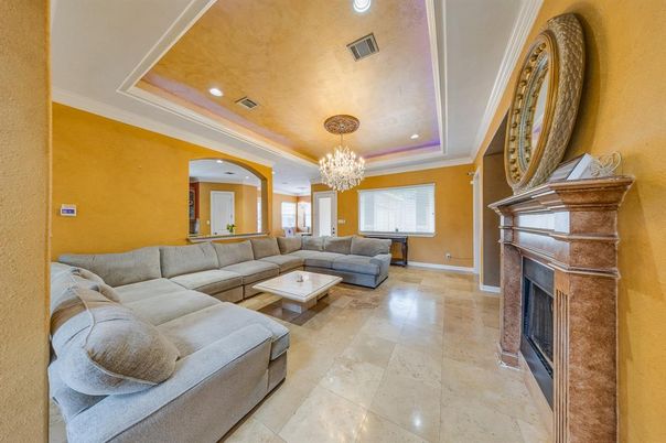 Chandelier, Fireplace, Interior, Living room, Recessed Lighting
