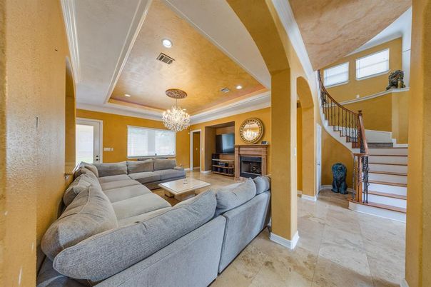 Chandelier, Fireplace, Interior, Living room, Recessed Lighting