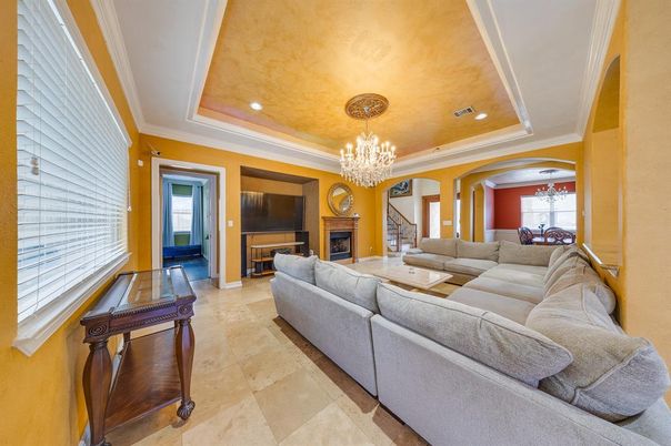 Chandelier, Fireplace, Interior, Living room, Recessed Lighting