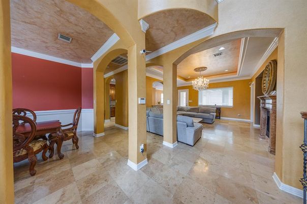 Chandelier, Dining room, Fireplace, Interior, Living room, Recessed Lighting