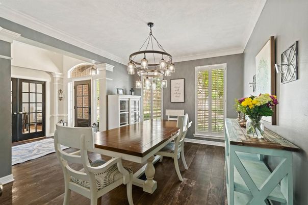 Chandelier, Dining room, Interior, Wood Texture Flooring