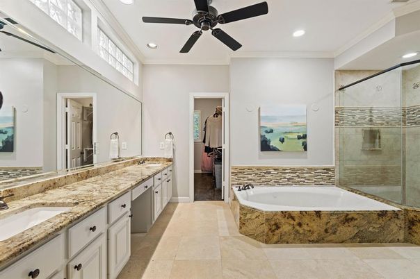 Bathroom, Dual Sink Vanities, Glass Shower, Interior, Recessed Lighting