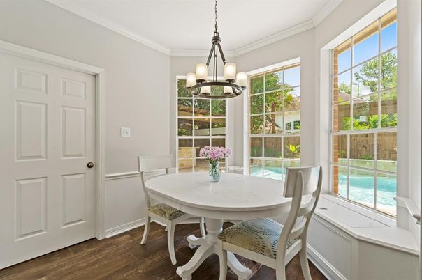 Dining room, Interior, Pendant Lights, Wood Texture Flooring