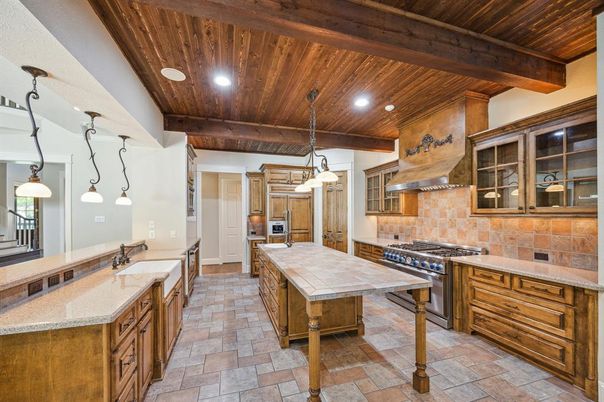 Interior, Kitchen, Pendant Lights, Recessed Lighting, Stainless Steel Appliances, Wooden Beams, Wooden Ceilings