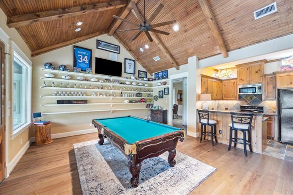 Billiard Table, Game Room, Interior, Kitchen, Recessed Lighting, Wooden Beams, Wooden Ceilings, Wood Texture Flooring
