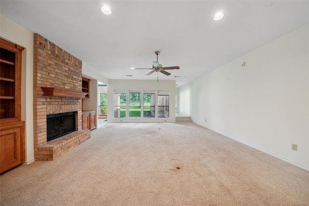 Empty room, Fireplace, Interior, Recessed Lighting, Stone Walls