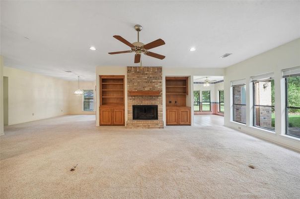 Empty room, Fireplace, Interior, Pendant Lights, Recessed Lighting, Stone Walls