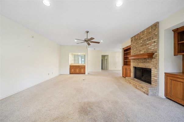 Empty room, Fireplace, Interior, Recessed Lighting, Stone Walls