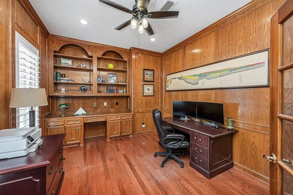 Home Office, Interior, Recessed Lighting, Wood Texture Flooring, Wooden Walls
