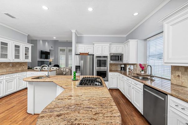 Interior, Kitchen, Living room, Recessed Lighting, Stainless Steel Appliances, Wood Texture Flooring