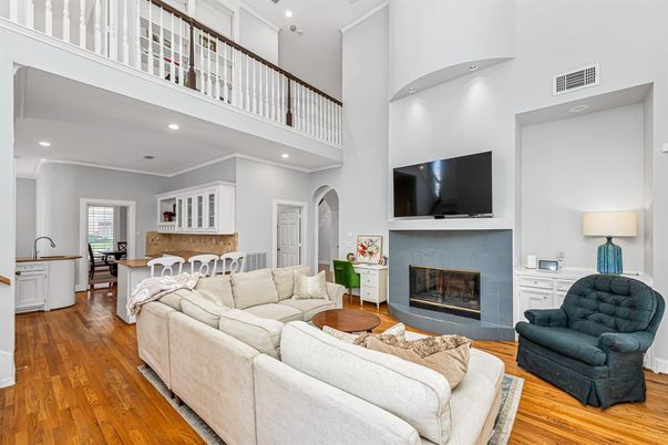 Fireplace, Interior, Living room, Recessed Lighting, Wood Texture Flooring