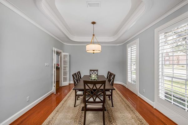Dining room, Interior, Pendant Lights, Wood Texture Flooring