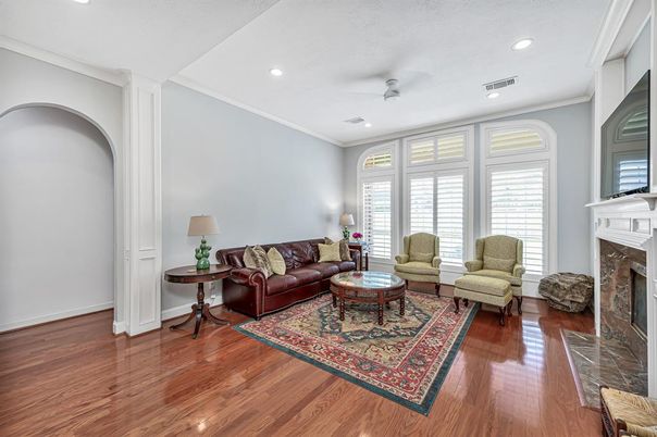 Fireplace, Interior, Living room, Recessed Lighting, Wood Texture Flooring
