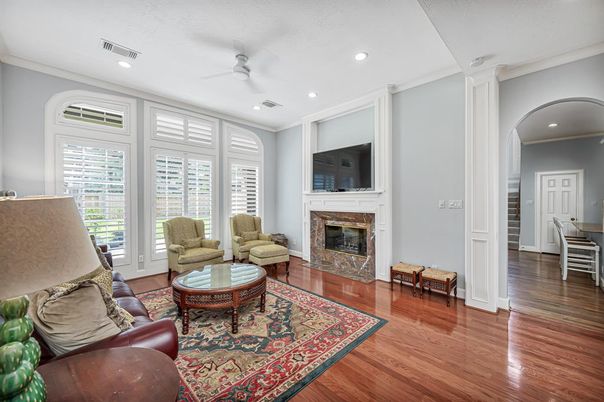 Fireplace, Interior, Living room, Recessed Lighting, Wood Texture Flooring