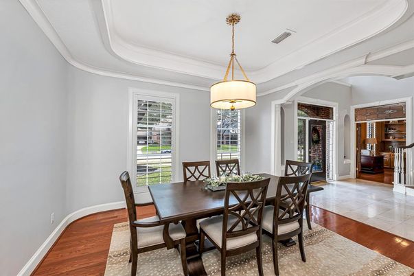 Dining room, Interior, Pendant Lights, Wood Texture Flooring