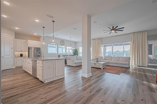 Interior, Kitchen, Living room, Pendant Lights, Recessed Lighting, Stainless Steel Appliances, Wood Texture Flooring