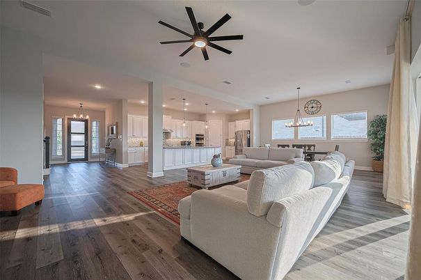 Dining room, Interior, Kitchen, Living room, Pendant Lights, Recessed Lighting, Wood Texture Flooring