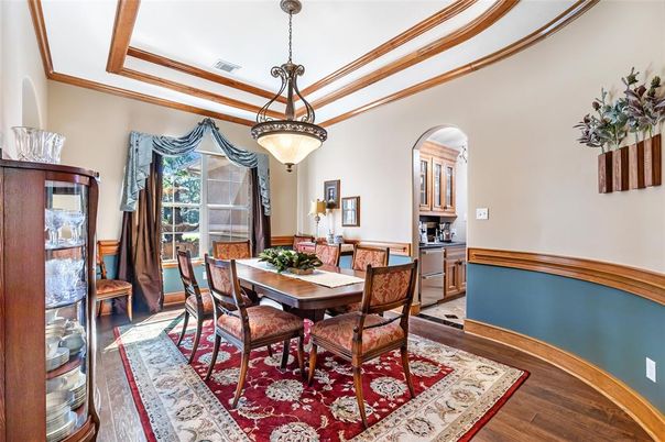 Dining room, Interior, Pendant Lights, Wood Texture Flooring