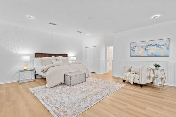 Bedroom, Interior, Recessed Lighting, Wood Texture Flooring