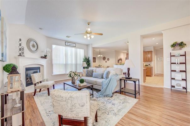 Fireplace, Interior, Kitchen, Living room, Pendant Lights, Recessed Lighting, Wood Texture Flooring
