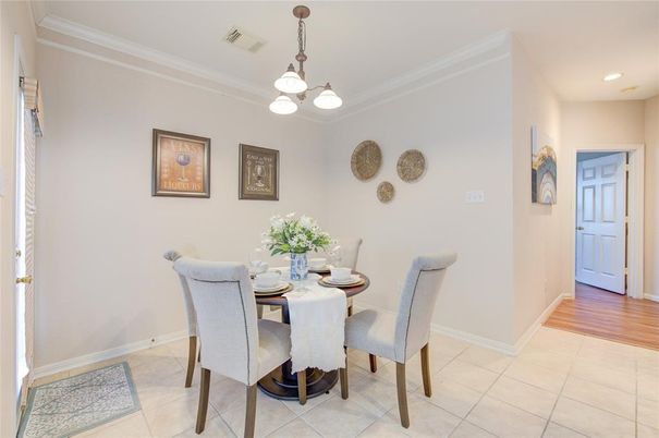 Dining room, Interior, Pendant Lights, Recessed Lighting, Wood Texture Flooring