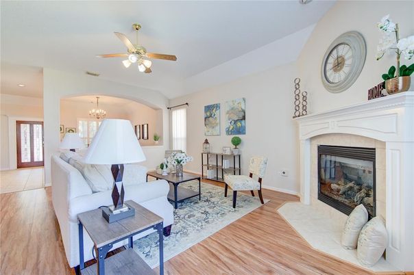 Chandelier, Fireplace, Interior, Living room, Recessed Lighting, Wood Texture Flooring