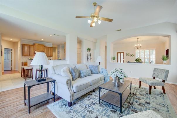 Chandelier, Interior, Kitchen, Living room, Recessed Lighting, Wood Texture Flooring
