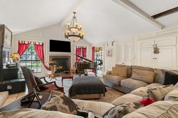 Chandelier, Fireplace, Interior, Living room, Piano, Wooden Beams
