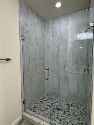 Bathroom, Glass Shower, Interior, Marble Walls, Recessed Lighting