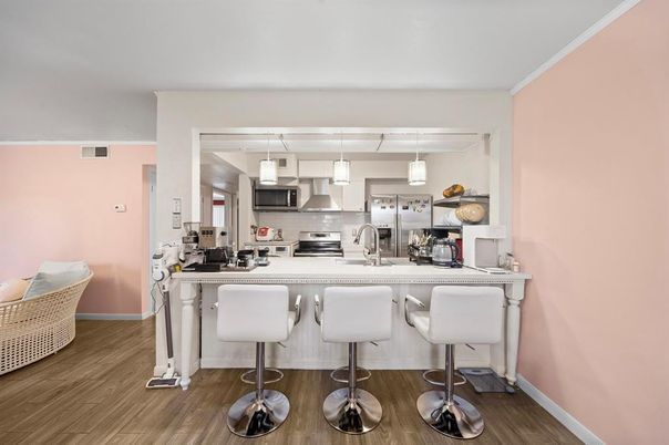 Interior, Kitchen, Pendant Lights, Stainless Steel Appliances, Wood Texture Flooring
