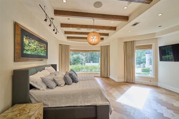 Bedroom, Interior, Pendant Lights, Recessed Lighting, Wooden Beams, Wood Texture Flooring