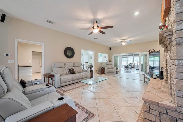 Fireplace, Interior, Living room, Recessed Lighting, Stone Walls