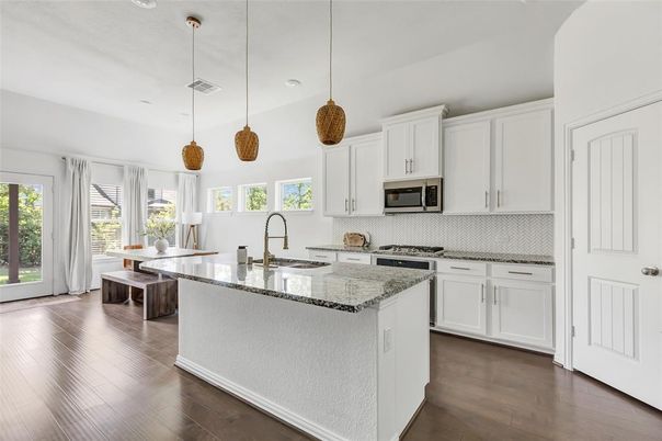 Interior, Kitchen, Pendant Lights, Recessed Lighting, Wood Texture Flooring
