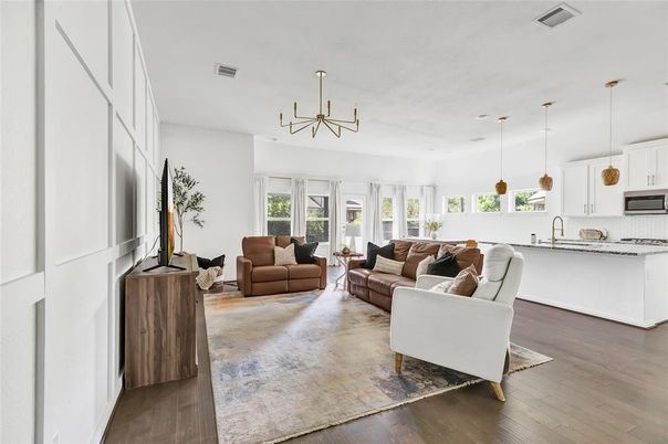 Interior, Kitchen, Living room, Pendant Lights, Wood Texture Flooring