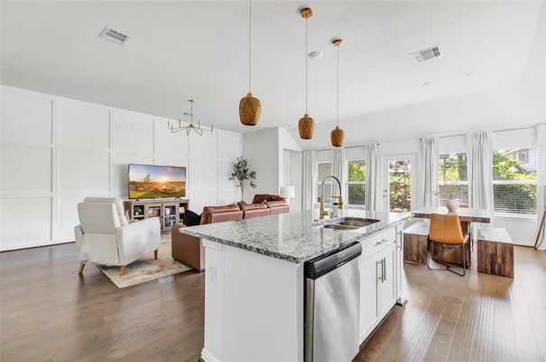 Dining room, Interior, Kitchen, Pendant Lights, Wood Texture Flooring