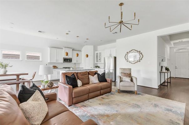 Dining room, Interior, Kitchen, Living room, Pendant Lights, Recessed Lighting, Stainless Steel Appliances, Wood Texture Flooring