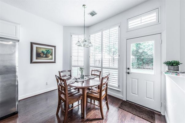 Dining room, Interior, Pendant Lights, Wood Texture Flooring